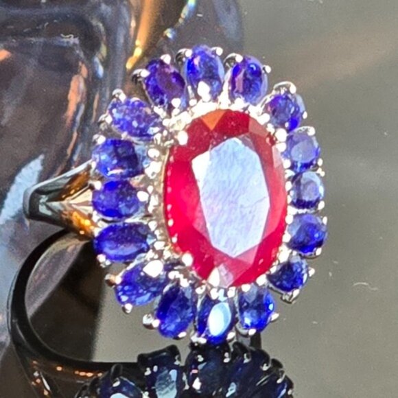 925 Sterling Silver Ring wirh Natural Ruby 10X14mm & Blue Sapphire Gems - Picture 8 of 11